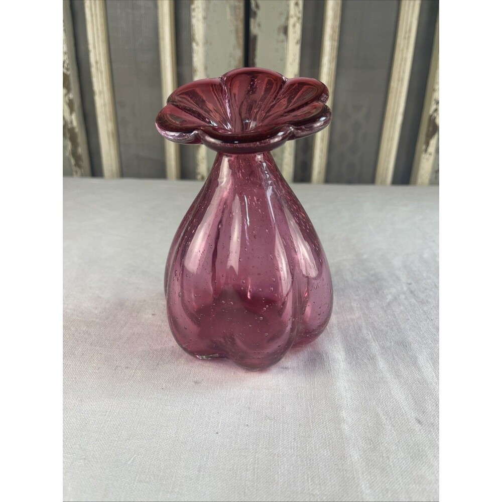 Pink Bubble Glass Flower Vase Daisy Bloom Pattern 6.5” Floral Decor Hand Blown